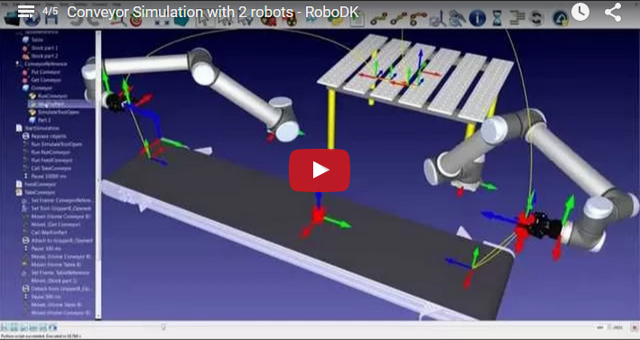 Simulación de cinta transportadora con 2 robots industriales